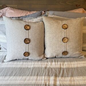 Set of 2 Neutral Linen-Style Button Throw Pillows